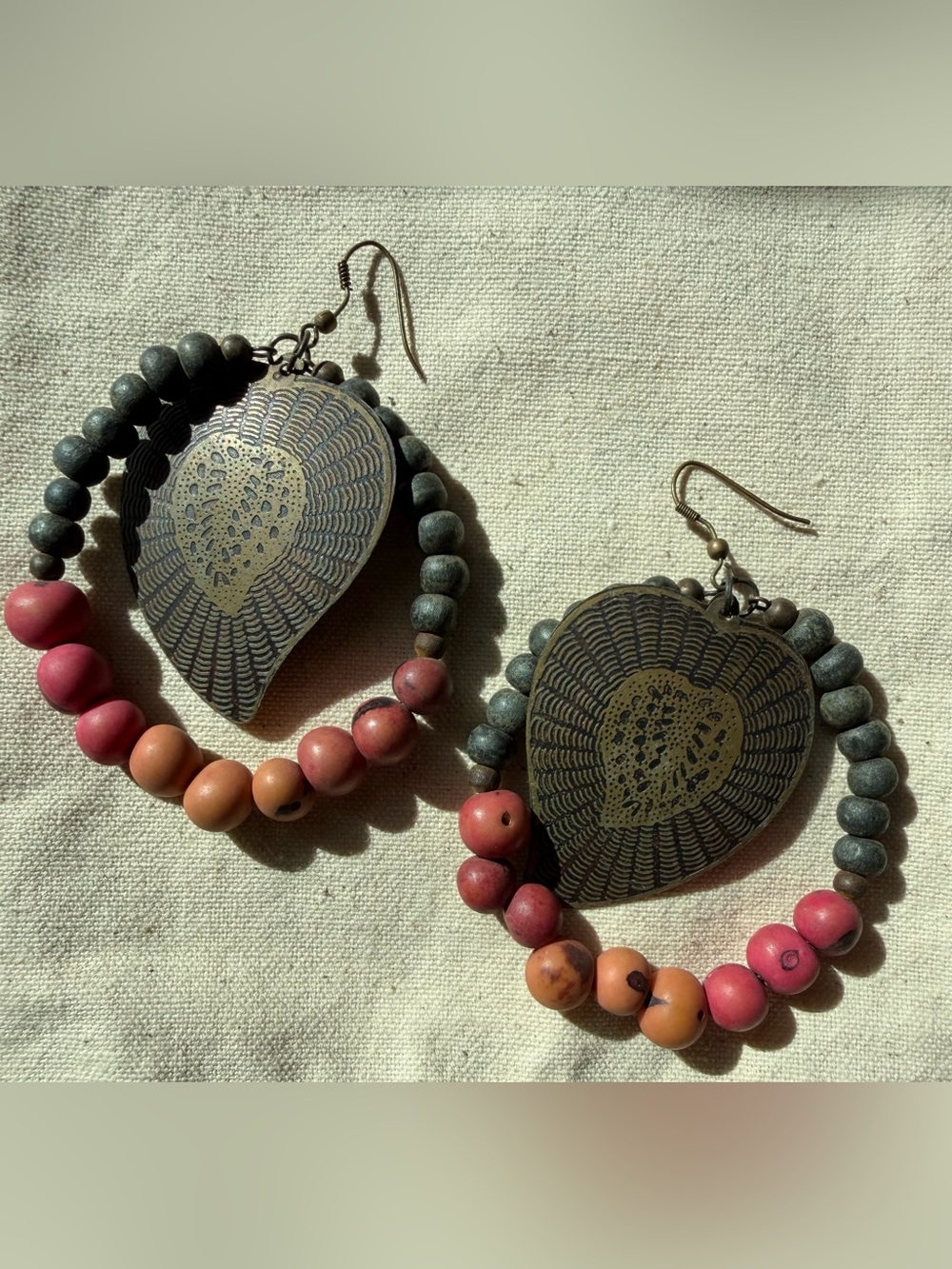 Handcrafted Heart Pendant Beaded Drop Earrings - Pink Gray Coral Distressed